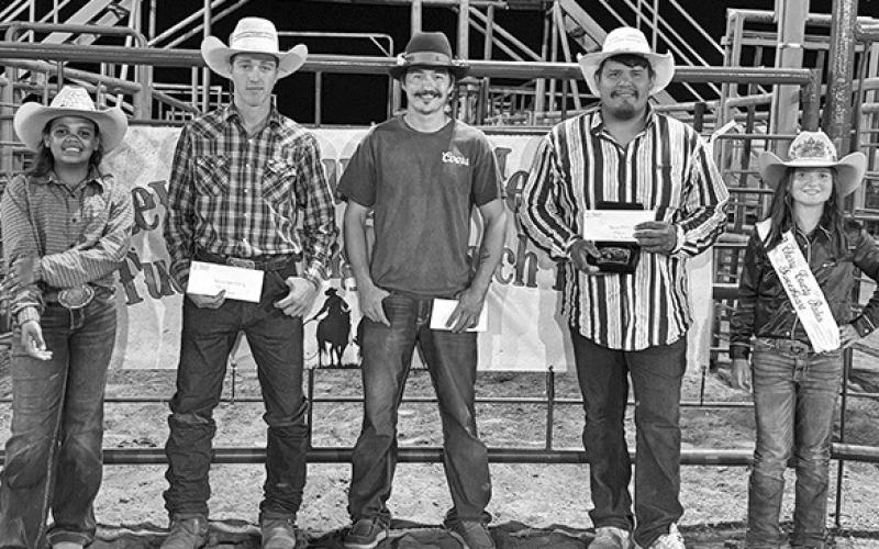 Photo by Courtney Ostrander The Ranch Bronc Riders. Pictured: (L-R) Miss Sheridan County Princess Kamille Kruger, tie for second and third, Cinch Hebb and Joe Burkholder, first place Ryan Brushbreaker, and Miss Cherry County Sweetheart Ava Rahn.