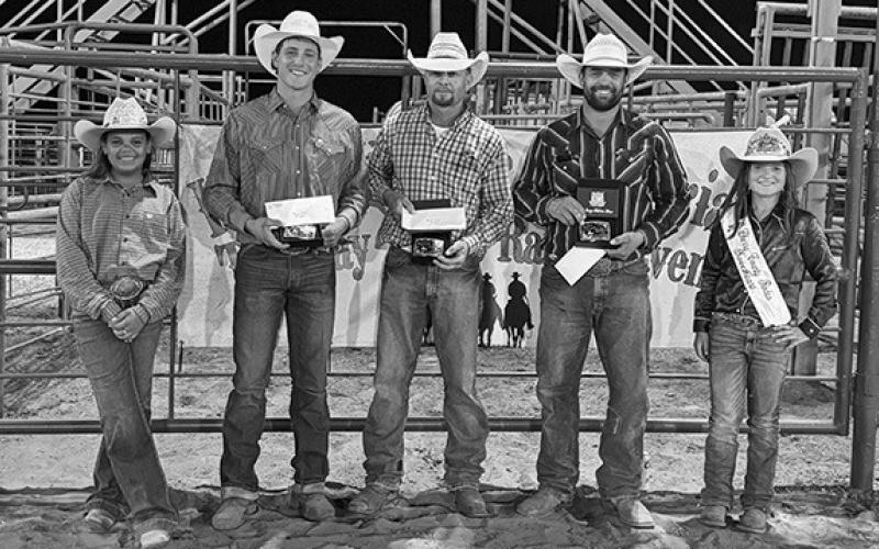 Photo by Courtney Ostrander Winning the Kevin Kruger Memorial Ranch Rodeo, Overnight Cattle Company. Pictured: (L-R) Miss Sheridan County Princess Kamille Kruger, Kaden Vincent, Paul Kearns, Chance Barnes, and Miss Cherry County Sweetheart Ava Rahn. Second place in the event was Valentine Livestock with the OG Outlaws finishing third overall of the twelve teams competing.