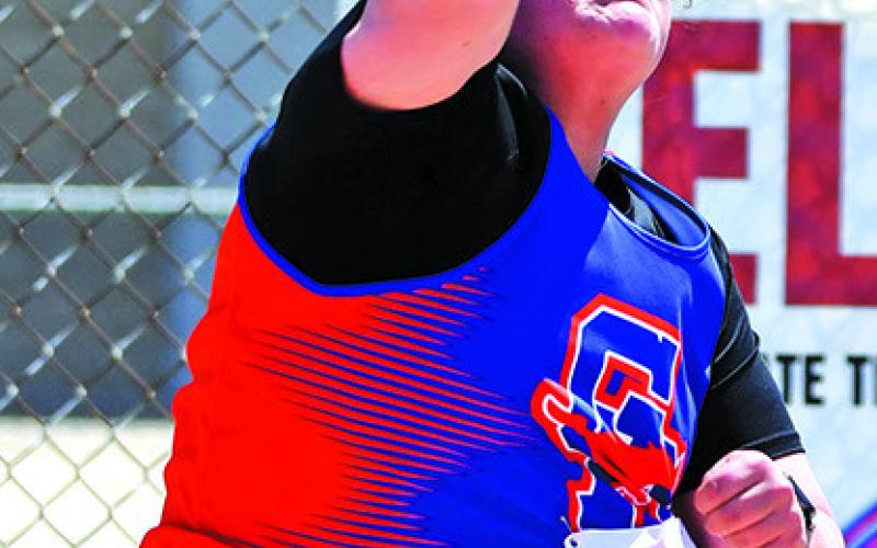 Photo by Melissa Grover Senior McKinley Grover heaves the steel towards the 40 foot mark to pick up her second medal of the weekend in the Shot Put. Grover would mark a personal best 40-02.50 to earn fourth place and her second medal.