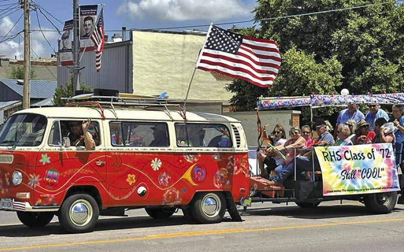Photo by Heidi Beguin RHS Class of ‘72 proves they are still cool, riding in one of the more colorful floats in the parade on Saturday, July 5.