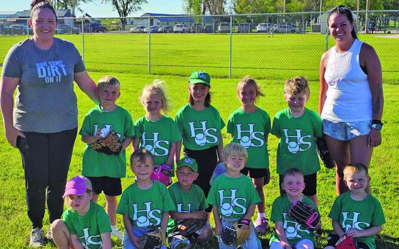 Hay Springs T-Ball Team #1. Front row: (L-R) Riley Wilson, Owen Diers, Colt Binger, Hollis Diers, Mea Berger, and Finn Davis. Back row: (L-R) Coach Krystyn Turman, Liam Milne, Rayah Franchetti, Briley Heiting, Bristol Young, Jeffery Dunn, and Coach Jaymee Young. Courtesy Photo