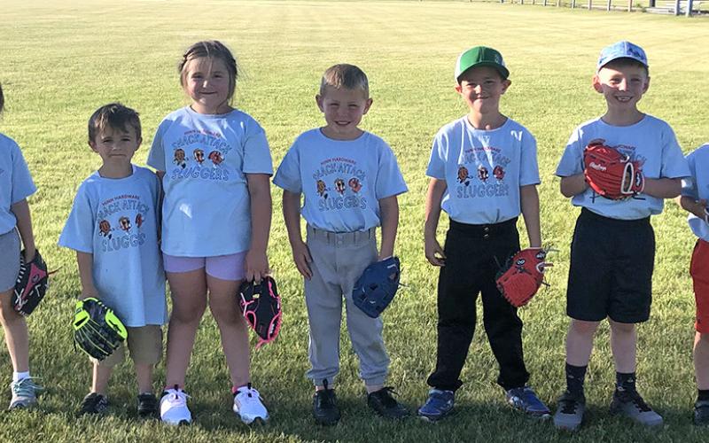 2024 Hinn Hardware Rushville T-Ball. Players pictured: (L-R) Eve Bourne, Brooks Smith, Ryker Colwell, Bryson Leonard, Raelyn Leonard, Riggin Williamson, and Sawyer Coleman. Not pictured: Hazel Sasse, Coaches Cirsten Sasse and Brittany Hoagland. Courtesy Photo