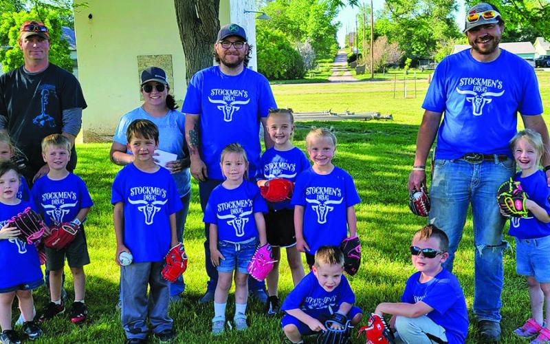 2024 Stockmen’s Drug Gordon T-Ball team. Front row: (L-R) Grace Niewoehner, Lily Frandsen, Hudson Haller, Cooper Gillette, Maylee Henry, Dolly Craven, Layla Schwarting, Lucas Frandsen, Everett Paul, and McKinley Shawn. Back row: (L-R) Coaches Chris Frandsen, Faith Curtis, Dakota Connor, and Jordan Paul. Courtesy Photo