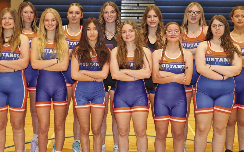 (Photo by Scott Bidroski) The 2025-26 Gordon-Rushville Girls Wrestling team. Front row: (L-R) MacKenzie Simonson, Grace Freeseman, Eliza Golden, Madyson DeHart-Harris, Angelina Thorsen, and Shelby Brown. Back row: (L-R) Kynsleigh Krebs, Charlea Fancher, Kirsten Heck, Jenifer Banister, Stormy Tesch, and Maggie Scott.
