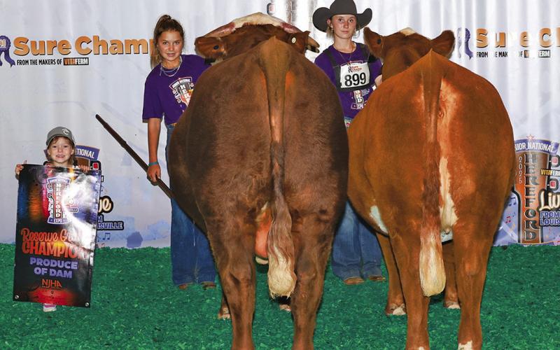 Courtesy Photo Reserve grand champion produce-of-dam group, Kynsleigh Krebs (right) with sister Kashlyn (left).