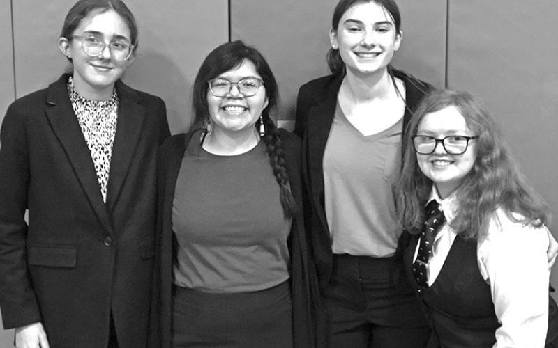 Courtesy Photo The four members of the Gordon-Rushville Speech team take a photo following their home meet on Saturday, February 10. Those members include: (L-R) Hadley Banks, Ciara Carbajal, Claire Wellnitz, and Haley Dane.