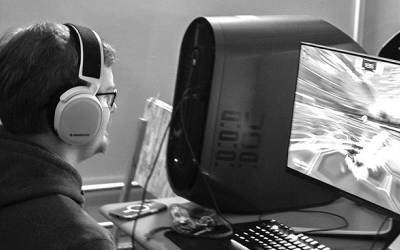 Photo by Daniella Akwanamnye, CSC Esports Rocket League Black team member Trevor Severson of Rapid City, S.D., during the National Association of Collegiate Esports championship game at Chadron State College’s Esports Arena Dec. 7, 2023.