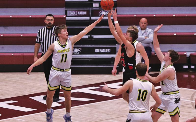 Photo by Scott Bidroski Senior Gage Mintken goes up for a block against Crawford. Mintken finished his career ranked third all-time in Hawks scoring with 1,189 points.