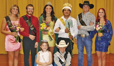 (Photo by Cindy Peters, Hay Springs Hip Hop) Hay Springs High School celebrated their Homecoming Week with the theme of ‘Battle for the Gold.’ Coronation was held during the week with Mya Turman and Luis Mata being named Queen and King. The Homecoming Court was as follows: (L-R) Julia Russell, Mason Albrecht, Turman, Mata, Heidyn Johnson, and Andi Schiaffo. Crown Bearers were Mea Berger and Colt Binger, front row.