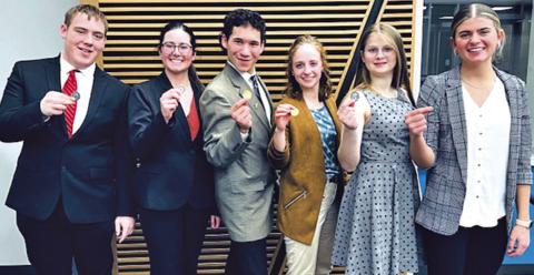 Photo by Raime Varvel Six Hay Springs Hawks Speech members are headed to State! Taden Tobiasson, Abigail Russell, Chase Brunsch, Ava McKillip, Abigail Nelson, and Julia Russell all qualified in their respective categories for the State Meet in Kearney on Friday, March 22.