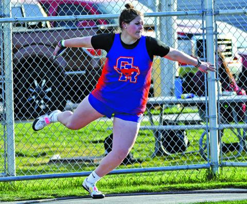 Photo by Melissa Grover Senior McKinley Grover spins her way to a new school record in the Discus at Best of the West. The Wayne State College signee’s throw of 145-8.5.00 puts her in first place all-time in the Mustang record books.