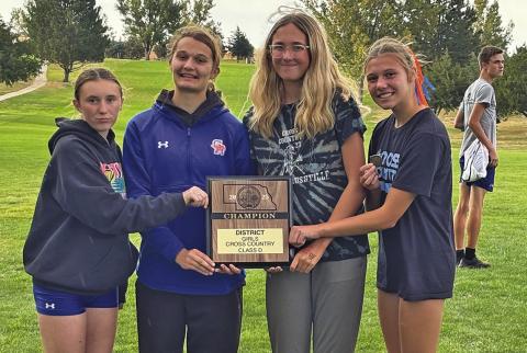 (Photo by Riley Hood) The Gordon-Rushville Girls Cross Country team took home the District Title on Thursday, October 16. The team will now turn their focus to State Track in Kearney on Friday, October 24. Pictured include: (L-R) Kynsleigh Krebs, Ashlyn Dehning, Hadley Banks, and Brittney Dehning. Rarity Cournoyer is not pictured.