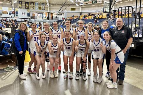 (Photo by Scott Bidroski) The Gordon-Rushville Girls Basketball team finished in third place at the Western Trails Conference Tournament on Saturday, February 8. The Mustangs downed the Morrill Lions by the final score of 46-30 for the bronze medal.