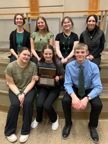 (Courtesy Photo) Hay Springs Speech finished as District Runner-Up on Monday, March 17. The Hawks qualified in 8 categories for the State Speech Meet as well on the day. Hawk Speech members include: Front row (L-R) Bailey Hankins, Emma Albrecht, and Jacob Dorshorst. Back row (L-R) Lilly Dorshorst, Jaelyn Rasmussen, Adeline Fredrickson, and Aubry Anderson.