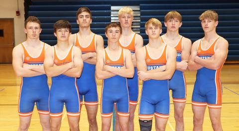 (Photo by Scott Bidroski) The 2025-26 Gordon-Rushville Boys Wrestling team. Front row: (L-R) Trevyn Younkin, Kray Otte, and Asa Funk. Back row: (L-R) Caden Sommers, Tristin Costello, Jaxon Kearns, Hunter Brewer, and Broden Rawles. Not pictured: Dominic Ibis. 