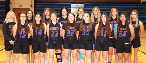(Photo by Scott Bidroski) The 2025-26 Gordon-Rushville Girls Basketball team. Front row: (L-R) Kenzie Fiscus, Jocelynn Hruby, Timber Fortin, Kylie Goings, Cecilia Deaver, Payton Scott, and Thelma Musflet. Back row: (L-R) Mikaylee Campbell, Rarity Cournoyer, Lindsey Simonson, Rowan Simonson, Ashlyn Dehning, Hadley Banks, Lexi Tausan, and Brittney Dehning.