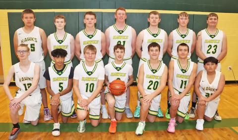 (Photo by Scott Bidroski) 2025-26 Hay Springs Boys Basketball team. Front row: (L-R) Gage Didier, Arian Mata, Easton Mintken, Hunter Thies, Duke Turman, Parker Wellnitz, and Duke Ashley. Back row: (L-R) DeShaun Herman, Tyson Didier, Jaydub Turman, Brayden Heiting, Eli Scott, Riley Johnson, and Heidyn Johnson.