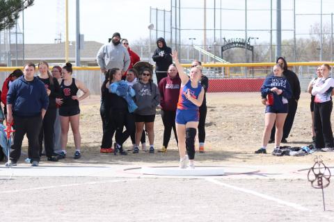 (Photo by Scott Bidroski) Sophomore Mikaylee Campbell releases the shot during the Shot Put.