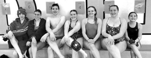Courtesy Photo Members of the Chadron Sharks team competed in Casper, Wyo. on January 20-21. Those swimmers included: (L-R) Carter Peters, Valeria Benitez, Bohdan Shevchenko, Jessalinn Dieriex, Raylie Pourier, Kenzie Pourier, and Fabiola Benitez-Socarrás.