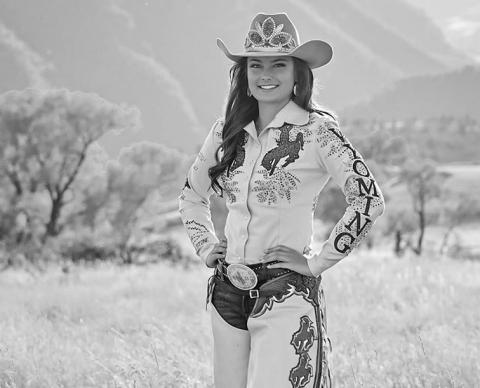 Photo by Blue Crane Photography Chadron State College student Reata Cook of Sheridan, Wyo., competes at the Miss Rodeo America Pageant as Miss Rodeo Wyoming 2023 during the National Finals Rodeo in Las Vegas, Dec. 2023.