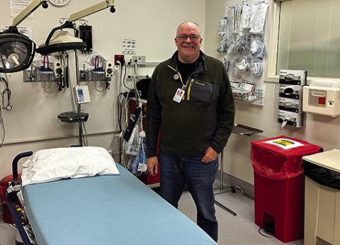 Warren Shaulis takes a break during his shift at Gordon Memorial Hospital in the Emergency Department. Shaulis has been on the staff at GMHS for 10 months now bringing with him 30+ years of experience in the medical field.