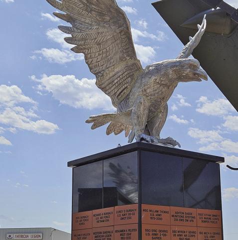 Courtesy Photo New eagle statues adorn the top of the pillars at the Veterans Memorial Park in Gordon. The statues are just one of a long line of improvements and additions to the park to help honor Veterans from the local area and beyond.