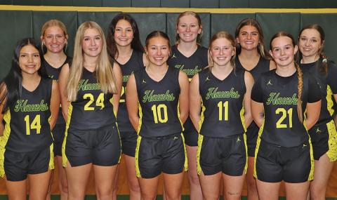 (Photo by Scott Bidroski) The 2025-26 Hay Springs Hawks Girls Basketball Team. Front row: (L-R) Katara Yellow Thunder, Olivia Dahlgren, Alaina Raymer, Reese Varvel, and Tailyn Starke. Back row: (L-R) Emily Forney, Mya Turman, Devyn Young, Julia Russell, and Kya Binger. 