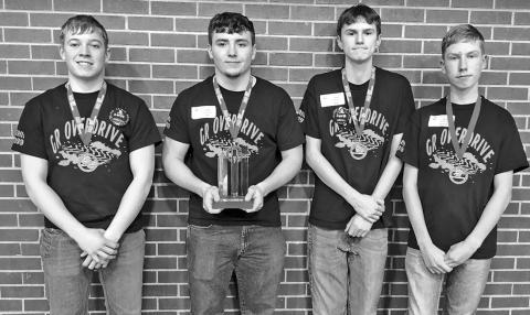 Photo by Bobbi Archibald GR Overdrive Robotics team wrapped up their season this past weekend at Regis University in Denver, Colo. Members of the team include: (L-R) Austin Child, Colton Archibald, Aiden Heiser, and Chris Swanson.