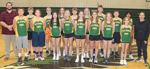 The 2024 Hay Springs Junior High Track &amp; Field team. Front row: (L-R) Deshaun Herman, Luke Edwards, Katara Yellow Thunder, Olivia Dahlgren, Mary Kendig, Grace Huth, Kaytee Kaiser, and Tabitha Twarling. Back row: (L-R) Head Coach Travis Beguin, Jacob Dorshorst, Gage Didier, Megan Anderson, Easton Mintken, Emily Forney, Riggen Binger, Duke Turman, Arian Mata, Assistant Coach Jessie Anderson. Not Pictured: William Gaswick, Preston Kelly, and Grant Wellnitz Photo by Scott Bidroski