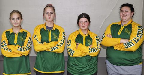 (Photo by Scott Bidroski) The 2025-26 Hay Springs Girls Wrestling team. Pictured: (L-R) Tabby Schiaffo, Andi Schiaffo, Marisa Milliken, and Sawyer Davis. Not pictured: Janessa Dieriex. 