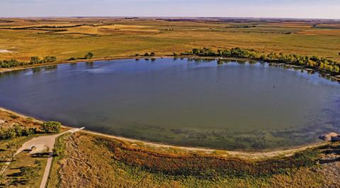 Photo by Justin Haag, Nebraska Game &amp; Parks Pictured is an aerial view of Walgren Lake, which sits between Rushville and Hay Springs. Walgren has some great angling opportunities for Sheridan County residents.