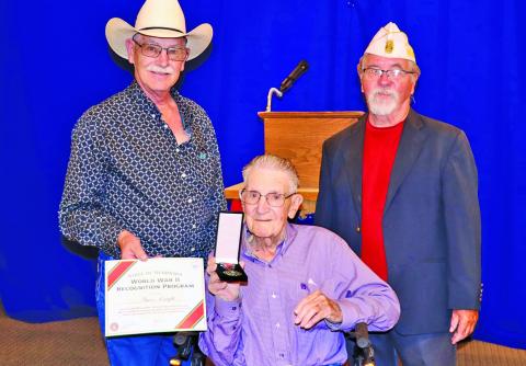 (Photo by Scott Bidroski) During a ceremony at the Rushville American Legion Post #164, World War II Veteran Amos ‘Bud’ Knight received a Medal of Recognition from the State of Nebraska. This is the 155th medal presented across the state from the program. Knight lives in Rushville. Pictured is Jerry Knight, son of Bud Knight, Amos ‘Bud’ Knight, and Area D Commander Cliff Rininger.