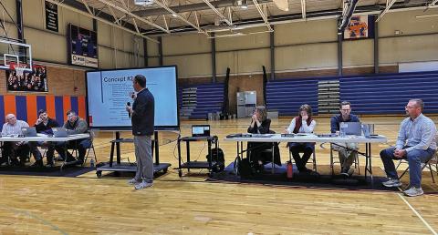 (Photo by Scott Bidroski) JEO Consulting’s Jack Baker goes over some possible facility upgrade concepts during a public meeting held on Thursday, October 30. The Gordon-Rushville School Board members, along with GRPS Superintendent Nathan Livingston, were also present to answer any questions and to also receive feedback from citizens in attendance.