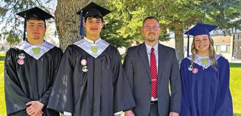 Photo by Kim Campbell Gordon-Rushville presented 26 graduates for commencement on Saturday, May 11. That included the three valedictorians. Pictured are: (L-R) Colton Archibald, Allan Tullis, Gordon-Rushville Superintendent Nathan Livingston, and Haley Johnson.