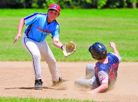 Photo by Richae Malara Seventh grader Keagan Sommers takes the throw down from his catcher during a contest against Kimball on Saturday, June 28.