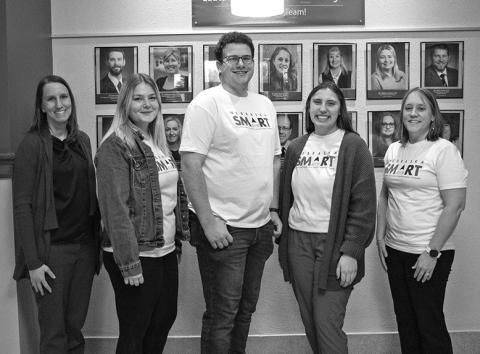 Photo by Tena L. Cook, CSC Julie Dickerson, Success Made Accessible through Rural Tutoring (SMART) Director with the Nebraska State College System (NSCS), left, poses Jan. 23, 2024, in Old Admin with CSC teacher education candidates and SMART tutors Kayleigh Reinscah of Casper, Wyo., Scott O’Dell of Gillette, Wyo., and Emma Johnson of Rapid City, S.D., with Associate Professor of Education Dr. Robin Brierley, CSC’s SMART coordinator.