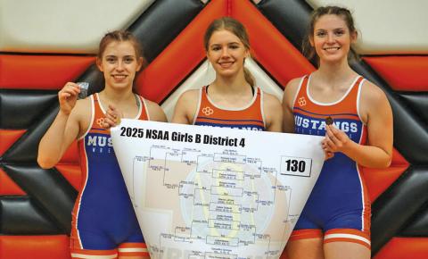 (Photo by Michele Heck) Lainey Fillmore, Jenifer Banister, and Kirsten Heck are all headed to Omaha for the G-R Girls Wrestling team. The trio earned their spot on the big stage during Districts this past weekend in Bayard.
