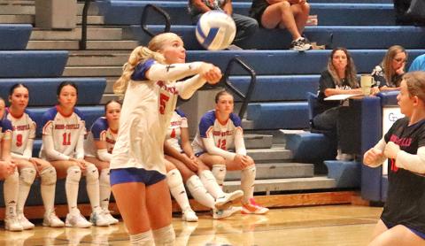 Photo by Chris Heiser Sophomore Grace Freeseman digs a shot from the Bayard Tigers during their match on Friday, September 11.