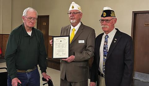 Courtesy Photo The Gordon American Legion Post 34 presented Gordon resident Donald Belsky for his 70 years of continuous membership to the American Legion. Belsky is pictured on the far left of the photo along with Senior Vice Boyd Yochum and District 1 Commander Gary Sones.