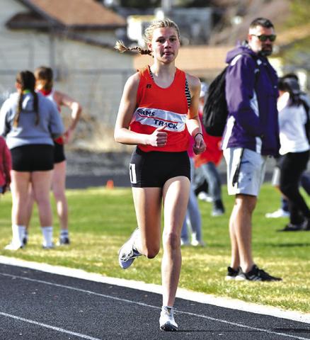Photo by Melissa Grover Seventh grader Brittney Dehning set the Middle School record in the 1600 meter race with a time of 6:27.02 during the Western Trails Conference Invitational. Dehning’s time was also a meet record for the age group.