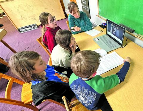 (Photo by Scott Bidroski) Members of the Duck Republic meet with Sheena Rodriguez during a Zoom call in March. Those pictured include: Gage Bidroski, Denali Hillion, Avery Kreitman, Claire Swanson, and Advisor Lydia Swanson.