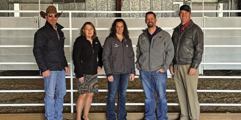 Photo by Scott Bidroski The Sheridan County 4-H Foundation has received a grant from Farm Credit Services of America for continued improvements of 4-H facilities here in Sheridan County. Individuals who stopped by for the photo to commemorate the announcement included Sheridan County Ag Society President Scott Lindsay, 4-H Foundation member Valerie Beel, Farm Credit Services of America representatives Sammi Grimes and Kurt Sexton, and 4-H Foundation member David Russell.