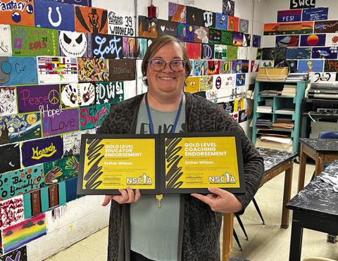 (Photo by Scott Bidroski) Gordon-Rushville Public Schools Educator Esther Wilson shows off her recent endorsements she received through the Nebraska Speech, Communication, and Theater Association (NSCTA).