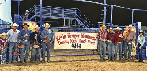 Photo by Courtney Ostrander The winners of the Kevin Kruger Memorial Ranch Event was Craven Feed team. They are pictured on the right side of the photo. The Sandhillers, left side of the photo, picked up second place in the event.