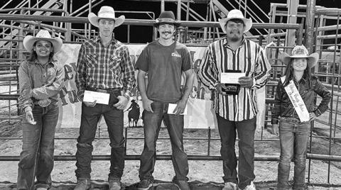 Photo by Courtney Ostrander The Ranch Bronc Riders. Pictured: (L-R) Miss Sheridan County Princess Kamille Kruger, tie for second and third, Cinch Hebb and Joe Burkholder, first place Ryan Brushbreaker, and Miss Cherry County Sweetheart Ava Rahn.