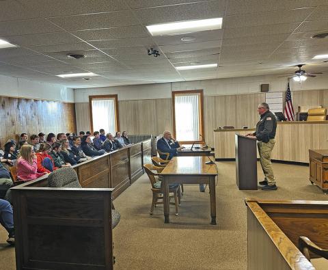 (Photo by Scott Bidroski) Sheridan County Sheriff Jeff Brewer speaks to Sheridan County seniors during the County Government Day held on Tuesday, April 7.