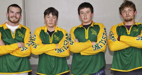 (Photo by Scott Bidroski) The 2025-26 Hay Springs Boys Wrestling team. Pictured: (L-R) Mason Albrecht, Kooper Scott, Easton Johnson, and Tripp Buettner. Not pictured: Riggen Binger, William Gaswick, and Royal Terrel. 