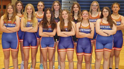 (Photo by Scott Bidroski) The 2025-26 Gordon-Rushville Girls Wrestling team. Front row: (L-R) MacKenzie Simonson, Grace Freeseman, Eliza Golden, Madyson DeHart-Harris, Angelina Thorsen, and Shelby Brown. Back row: (L-R) Kynsleigh Krebs, Charlea Fancher, Kirsten Heck, Jenifer Banister, Stormy Tesch, and Maggie Scott.