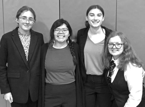 Courtesy Photo The four members of the Gordon-Rushville Speech team take a photo following their home meet on Saturday, February 10. Those members include: (L-R) Hadley Banks, Ciara Carbajal, Claire Wellnitz, and Haley Dane.