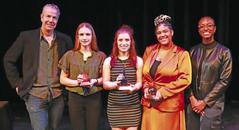 (Photo Courtesy of the Nebraska Arts Council) The top three finishers in the Nebraska State Poetry Out Loud competition take a photo following the awards presentation. Gordon-Rushville High School junior Lainey Fillmore is in the center holding the first place trophy. Joining her for the photo include: (L-R) Nebraska State Poet Emeritus Matt Mason, Mieke van der Walt, Fillmore, MajieAhna Winfrey, and Nebraska State Poet Jewel Rodgers.